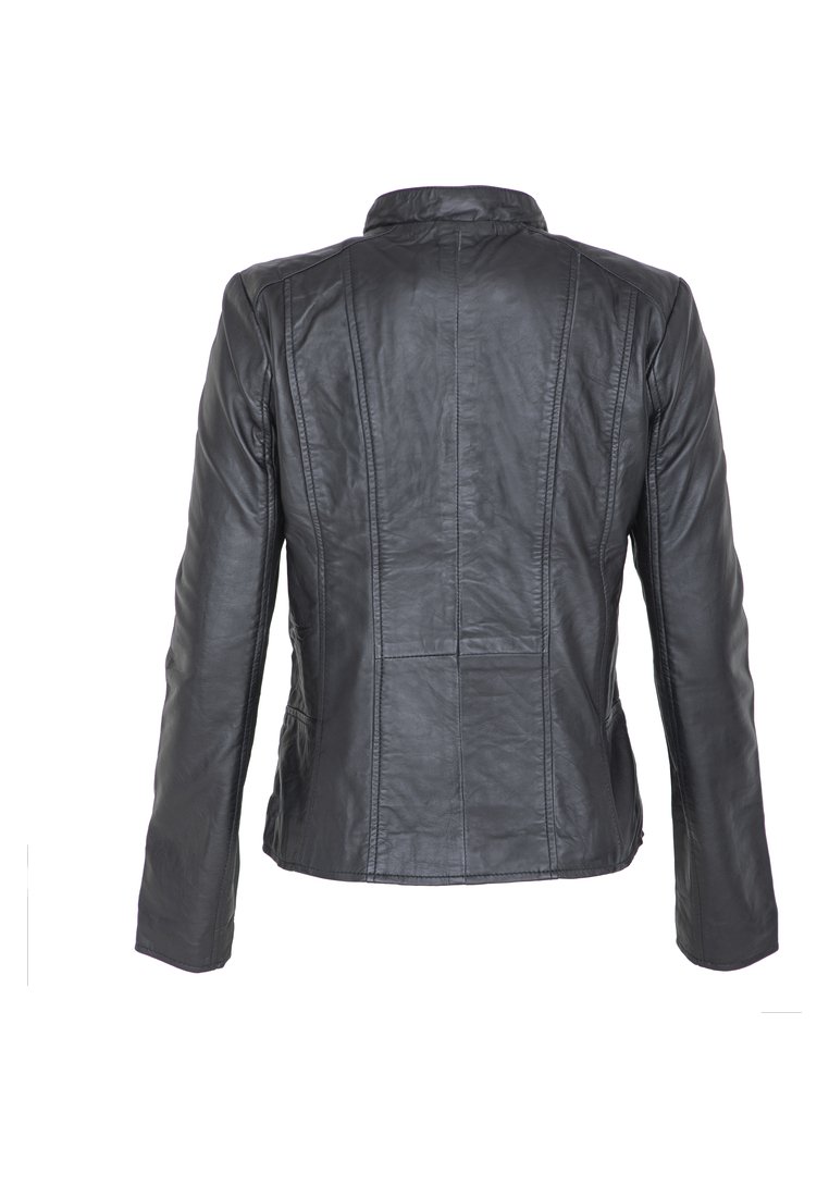 Veste en cuir noir au design ajusté, col haut et détails de couture verticaux. Texture lisse et épaules structurées.