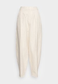 Linen trousers, light beige, featuring a high waist, front pleats, and a tapered leg design, smooth texture with no patterns.