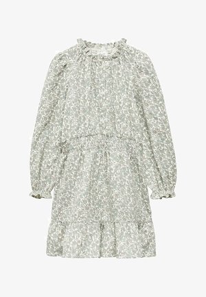 Robe à imprimé floral en vert clair et crème, avec un col à volants, une taille élastique, une jupe à volants étagée et de longues manches bouffantes.