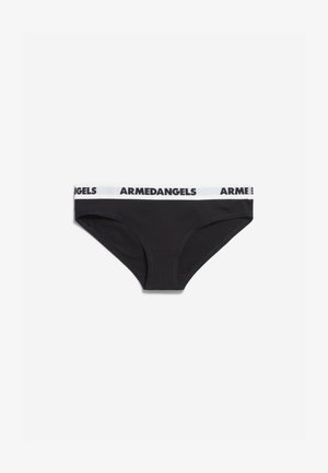 Culotte en coton noir avec une taille blanche portant le logo "ARMEDANGELS" en noir. Texture lisse et forme classique de culotte.