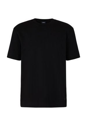 Schwarzes Baumwoll-T-Shirt mit kurzen Ärmeln, Rundhalsausschnitt und lockerem Sitz. Verfügt über ein kleines Logoschild am unteren linken Saum.