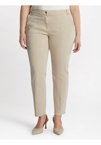 Beiga, åtsittande byxor med dragkedja, flerknäppning och framfickor. Mjukt, slätt tyg med en lätt lyster och avsmalnande ben.