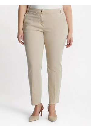 Pantalon beige ajusté avec une fermeture éclair, une fermeture à plusieurs boutons et des poches avant. Tissu doux et lisse avec un léger éclat et des jambes effilées.
