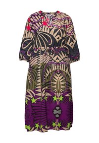 Kleid mit einem mehrfarbigen abstrakten Druck in Lila, Grün und Beige, rundem Ausschnitt, elastischem Bund und Dreiviertelärmeln.