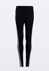 Črne pajkice z širokim pasom, dvema navpičnima belima črtama na vsaki strani in oprijetim krojem. Izdelane so iz raztegljivega materiala.