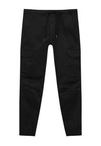 Schwarze Cargo-Hosen mit einem elastischen Bund, Kordelzug und mehreren Taschen. Hergestellt aus robustem Stoff, mit lässiger Passform und schmal zulaufenden Beinen.