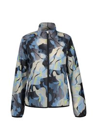 Chaqueta ligera con un patrón floral en azul, negro y amarillo, con un alto cuello y cierre frontal completo. Tejido liso y brillante.