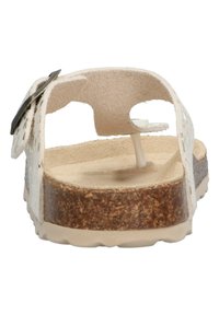 Witte voetbedsandalen met een kurken zool. Voorzien van bloemenuitgesneden op de banden en een hielband voor een veilige pasvorm. Platte, gestructureerde zool.