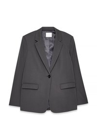 Blazer gris en tissu lisse, avec col à revers, fermeture à un bouton, deux poches avant et doublure intérieure douce.