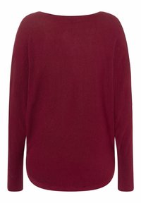 Pull en tricot bordeaux à manches longues et décolleté large, avec une texture lisse et un ourlet arrondi à l'arrière.