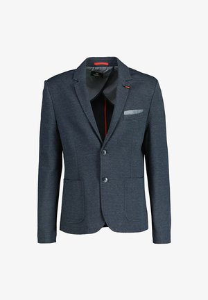 Marineblazer aus strukturierter Stoff mit Reverskragen, zwei Knöpfen und zwei Vordertaschen; verfügt über ein kontrastierendes Taschentuchdetail.