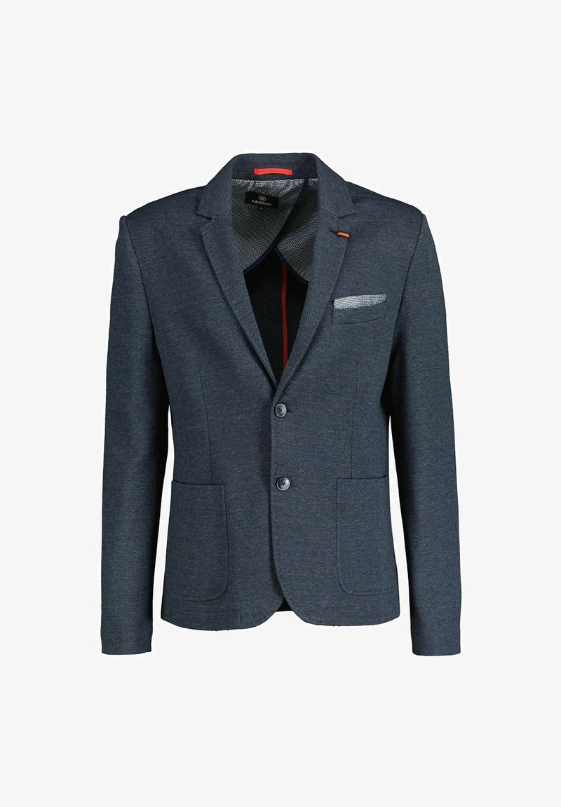 Marineblazer aus strukturierter Stoff mit Reverskragen, zwei Knöpfen und zwei Vordertaschen; verfügt über ein kontrastierendes Taschentuchdetail.