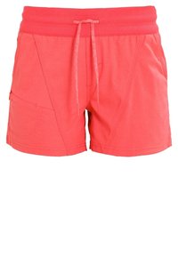 Pantalones cortos de algodón coral con cintura ajustable con cordón, bolsillos laterales y detalles de costuras texturizadas. Diseñados para uso casual y comodidad.