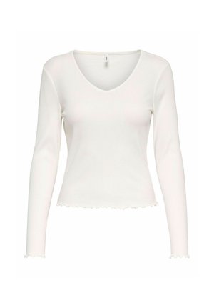 White ribbed long-sleeve shirt with V-neck and lettuce-edge hem on sleeves and bottom.
