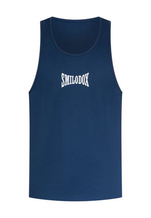 Marineblaues ärmelloses Tanktop, gerippte Textur, runder Halsausschnitt, mit "SMILODOX" in weißen Buchstaben auf der Vorderseite.