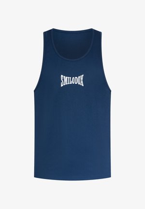Débardeur sans manches bleu marine, texture côtelée, encolure ronde, avec "SMILODOX" en lettres blanches sur le devant.