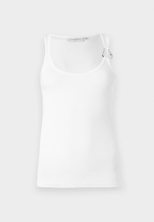 White ribbed tank top featuring a rounded neckline and adjustable strap detail. Smooth texture with a fitted shape.