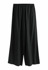 Zwarte wijde broek met een elastische tailleband. Gemaakt van een zachte, lichte stof, met een gladde textuur en een relaxte pasvorm.