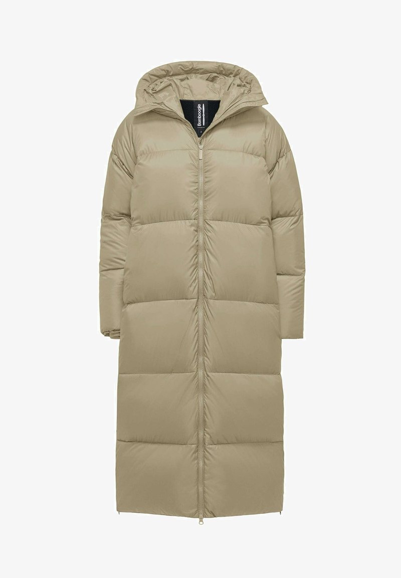 Lange gewatteerde jas in lichtbeige, met een ritssluiting aan de voorkant, een capuchon en een doorgestikt ontwerp met horizontale secties voor isolatie.