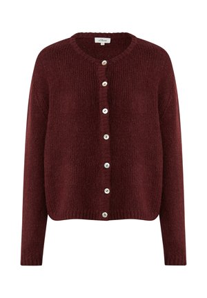 Cardigan in magenta lavorato a maglia con colletto rotondo, chiusura frontale con bottoni e polsini a costine. Presenta bottoni lisci e lucidi come dettaglio.