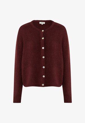 Burgunderfarbener Strickcardigan mit Rundhalsausschnitt, vorne mit Knopfverschluss und gerippten Bündchen. Verfügt über glatte, glänzende Knöpfe als Detail.