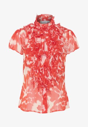 Blusa roja y blanca con volantes, de mangas cortas, cuello alto y botones. Fabricada con un tejido ligero y translúcido con un patrón texturizado.