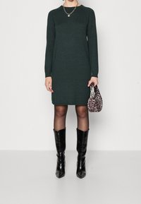 Abito verde a maglia con maniche lunghe e scollo rotondo, abbinato a stivali neri al ginocchio e una borsa leopardata. Texture liscia.