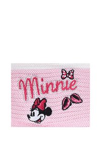 Toppa rosa lavorata a maglia con "Minnie" in filo argento, accanto a un volto di Minnie Mouse ricamato e a fiocchi decorativi in rosso e rosa.