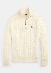 Kremfarvet kabelstrikket sweater med halv lynlås i kraven og lille mørkeblå broderet logo på venstre bryst.