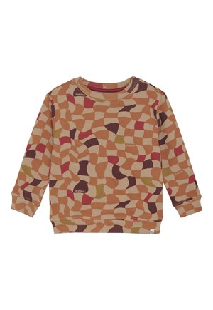 Long-sleeve beige sweatshirt with abstract wavy checkerboard pattern in brown, red, and mustard colors, ribbed cuffs and hem.