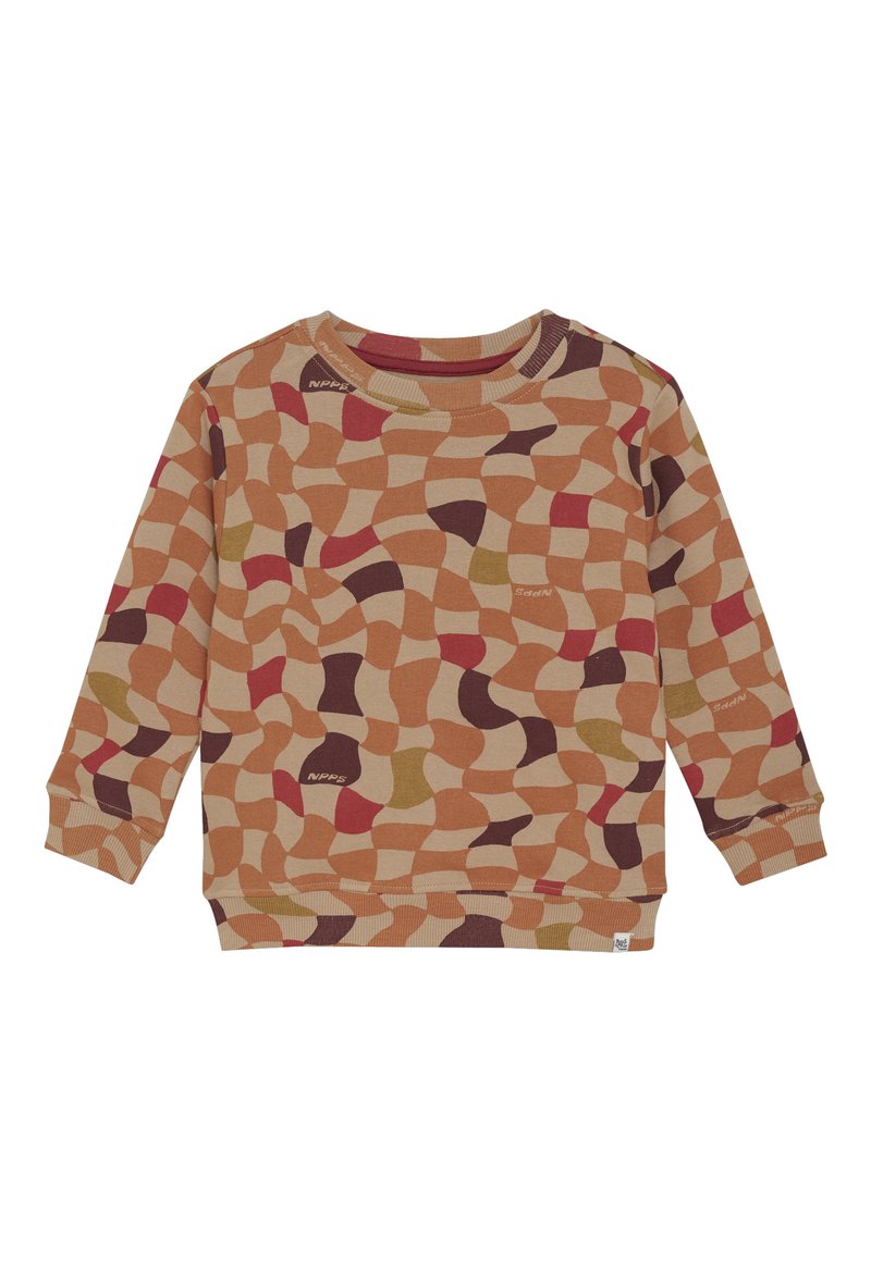 Beige Sweatshirt mit langen Ärmeln und abstraktem gewellten Schachbrettmuster in Braun, Rot und Senfgelb, mit gerippten Bündchen und Saum.