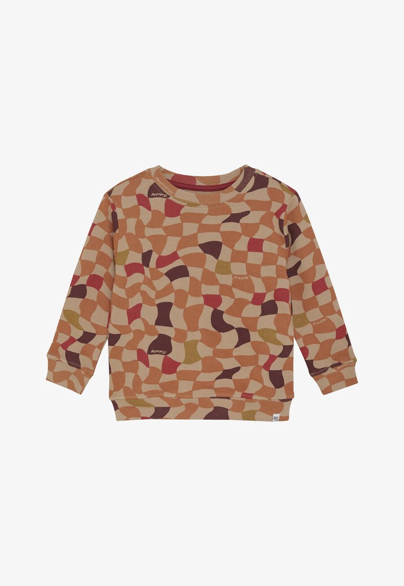 Beige sweatshirt met lange mouwen met een abstracte golvende dambordpatroon in bruin, rood en mosterdkleuren, geribde manchetten en onderkant.