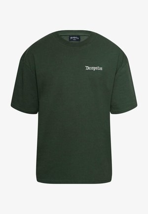 Ciemnozielona bawełniana koszulka z krótkim rękawem, okrągłym dekoltem i haftowanym na lewej piersi białym logo "Dropsize".