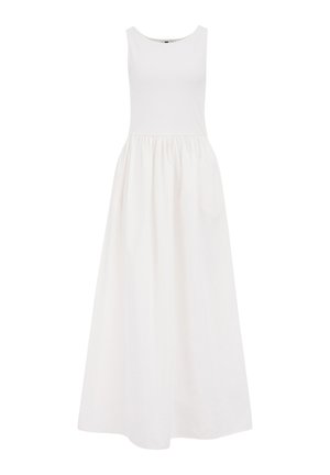 Weißes Maxikleid mit geripptem Oberteil und fließendem, gerafftem Rock. Verfügt über einen runden Halsausschnitt und ärmelloses Design.