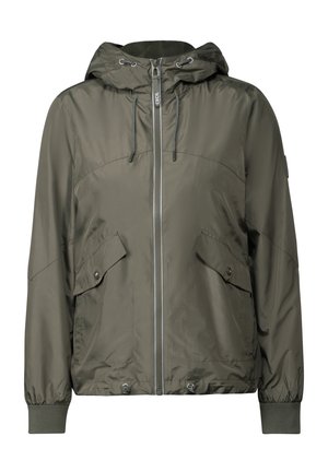 Olivově zelená bunda s kapucí z lehké, lesklé látky. Obsahuje přední zip, dvě boční kapsy a elastické manžety s šňůrkou na spodním lemu.