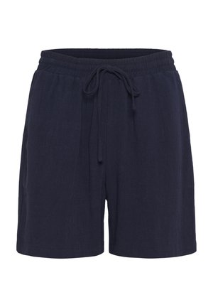 Marineblaue Leinenshorts mit einem elastischen Bund und verstellbarem Kordelzug. Sie haben eine lockere Passform und eine weiche Textur.