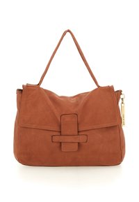 Borsa a spalla in pelle marrone con chiusura a patta, dettagli cuciti e un'etichetta dorata con scritto "Made in Italy" sulla zip laterale.
