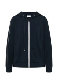 Marineblauer Hoodie aus weichem Stoff mit durchgehendem Reißverschluss, zwei Seitentaschen, verstellbaren Kordeln und kontrastierenden weißen Details an den Ärmeln.