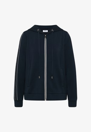 Marineblauer Hoodie aus weichem Stoff mit durchgehendem Reißverschluss, zwei Seitentaschen, verstellbaren Kordeln und kontrastierenden weißen Details an den Ärmeln.