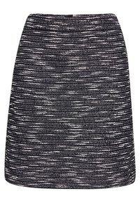 Jupe droite texturée en noir et blanc avec un motif subtil de rayures horizontales et une taille ajustée.