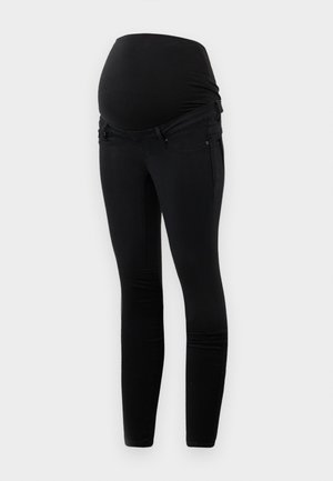 Fekete kismama farmernadrág, rugalmas derékpánttal a hassal, karcsú fazonnal, elülső zsebekkel és sima textúrával.