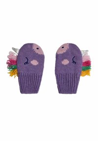 Mănuși tricotate violet cu un design jucăuș, prezentând o față și accente colorate din smocuri roz, verde și galben, împreună cu un corn argintiu.