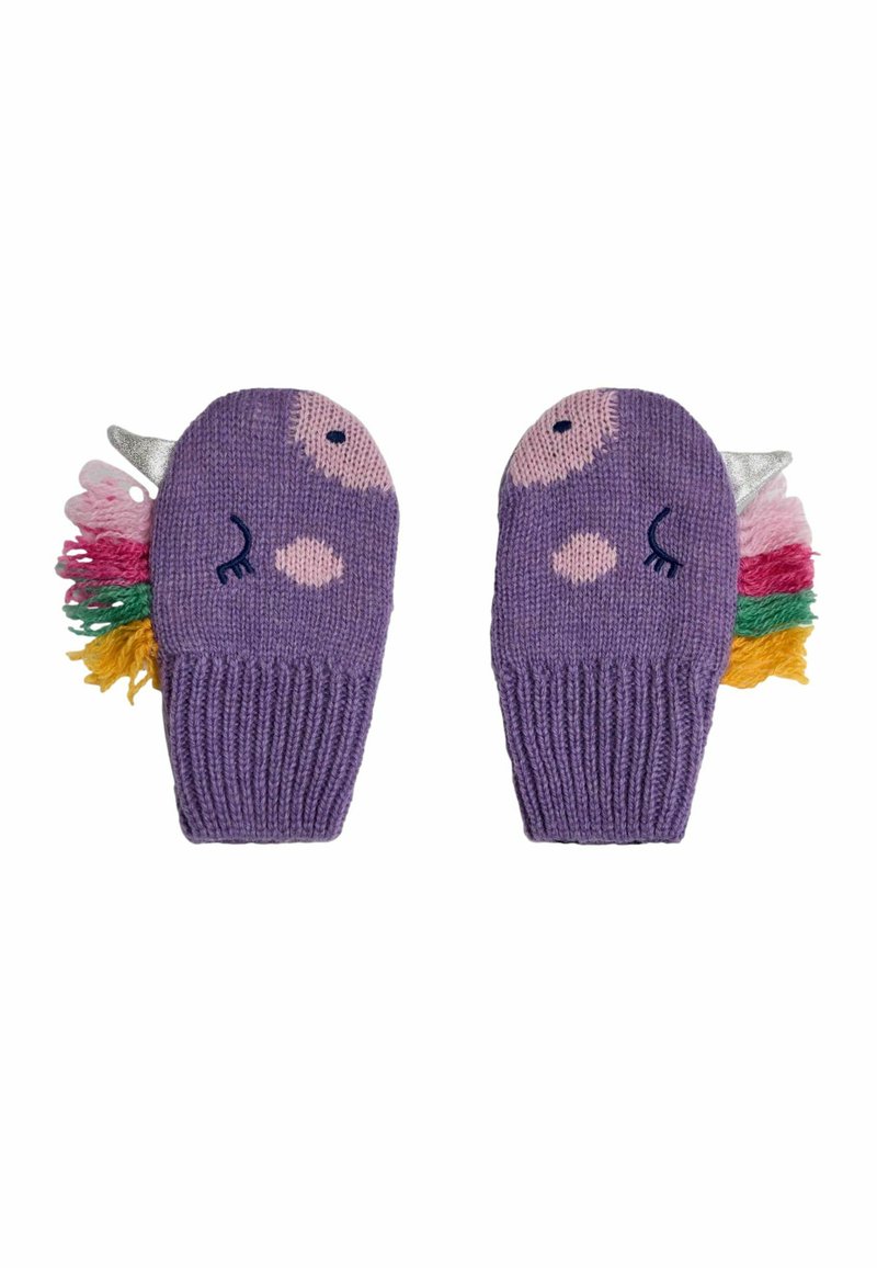 Mănuși tricotate violet cu un design jucăuș, prezentând o față și accente colorate din smocuri roz, verde și galben, împreună cu un corn argintiu.