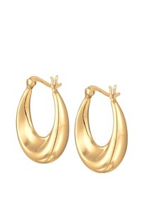 Orecchini a cerchio in oro con un design liscio e curvo. Presentano una finitura lucida e una chiusura sicura in cima. Realizzati in metallo.