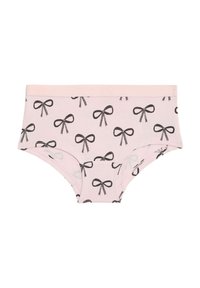 Světle růžové dámské spodní prádlo se vzorem malých černých mašlí, se měkkým pasem a hladkým bavlněným materiálem.