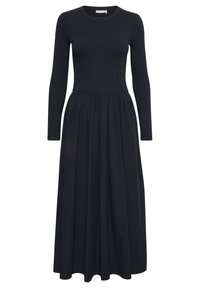 Long-sleeve navy dress with a ribbed bodice and a flowing skirt. Features a round neckline and gathered fabric at the waist. Smooth texture.