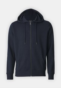 Sweat à capuche bleu marine à fermeture éclair, manches longues, poches avant, capuche avec cordon de serrage, poignets et ourlet côtelés.