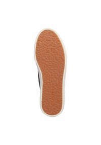 Suola della scarpa con superficie in gomma marrone testurizzata, circondata da una intersuola in gomma bianca e caratterizzata da un design della punta liscia e arrotondata.