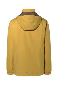 Giacca impermeabile gialla con cappuccio, dotata di polsini elasticizzati, orlo regolabile con cordoncino e fodera marrone a contrasto. Logo posizionato vicino alla vita.
