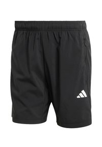 Pantalones cortos deportivos negros con cintura elástica, bolsillo lateral con cremallera y logo blanco de Adidas en la pierna derecha.